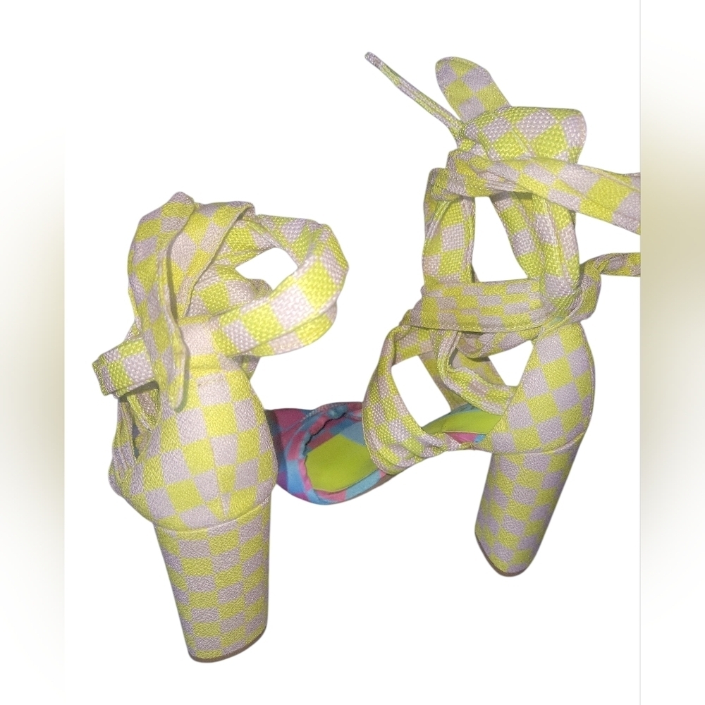Gianni Bini Astraahh Checkered Colorful Ankle Wrap Block Heels 5.5M - Picture 3 of 9